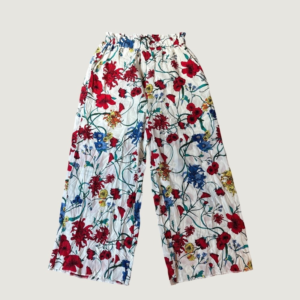 Juicy Couture Black Label Pants Women White Floral Silk Wide Leg SIZE S